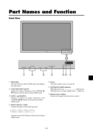 Page 8E-3
Front View
tPower
Turns the monitor’s power on and off.
yPOWER/STANDBY indicator
When the power is on ............................. Lights green.
When the power is in the standby mode ... Lights red.
uRemote sensor window
Receives the signals from the remote control.
Part Names and Function
qPROCEED
Sets the On-Screen Menu (OSM) mode and displays
the main menu.
wVOLUME DOWN and UP
Adjusts the volume. Functions as the CURSOR (/
) buttons in the On-Screen Menu (OSM) mode.
eLEFT/– and RIGHT/+
Enlarges...