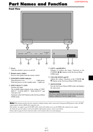 Page 11E-7
qPower
Turns the monitor’s power on and off.
wRemote sensor window
Receives the signals from the remote control.
ePOWER/STANDBY indicator
When the power is on ............................. Lights green.
When the power is in the standby mode ... Lights red.
rINPUT SELECT / EXIT
Switches the input.
The available inputs depend on the settings of “BNC
INPUT”, “D-SUB INPUT”, “RGB SELECT” and
“DVI SET UP”.
Functions as the EXIT buttons in the On-Screen Menu
(OSM) mode.
Front View
MENU/ ENTERINPUT SELECT...