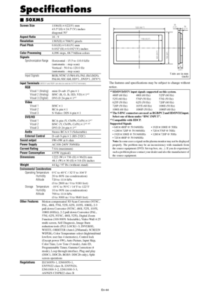 Page 45En-44
Specifications
Units are in mm
(inch)
96
(3.8) 38
(1.5)58
(2.3)
1222 (48.1)
736 (30)
1106 (43.5)
622 (24.5)
Screen Size1106(H)622(V) mm
43.5(H)24.5(V) inches
diagonal 50
Aspect Ratio16 : 9
Resolution1365(H)768(V) pixels
Pixel Pitch0.81(H)0.81(V) mm
0.032(H)0.032(V) inches
Color Processing4,096 steps, 68.7 billion colors
Signals
Synchronization RangeHorizontal : 15.5 to 110.0 kHz
(automatic : step scan)
Vertical : 50.0 to 120.0 Hz
(automatic : step scan)
Input SignalsRGB, NTSC (3.58/4.43), PAL...