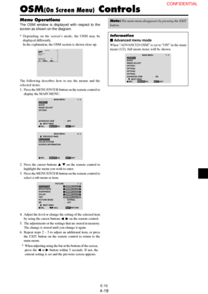 Page 19E-15
Menu Operations
The OSM window is displayed with respect to the
screen as shown on the diagram.
* Depending on the screen’s mode, the OSM may be
displayed differently.
In the explanation, the OSM section is shown close up.
MAIN MENU1 / 2
MENU/ENTEREXIT
PICTURE
AUDIO
IMAGE ADJUST
OPTION1
ADVANCED OSM
        NEXT PAGE
:     OFF
SEL.
EXIT OK
The following describes how to use the menus and the
selected items.
1. Press the MENU/ENTER button on the remote control to
display the MAIN MENU.
MAIN MENU1 /...