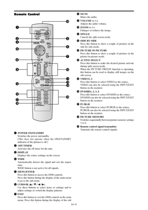 Page 12En-10
q POWER ON/STANDBY
Switches the power on/standby.
(This does not operate when the ON/STANDBY
indicator of the plasma is off.)
w OFF TIMER
Activates the off timer for the unit.
eDISPLAY
Displays the source settings on the screen.
rWIDE
Automatically detects the signal and sets the aspect
ratio.
WIDE button is not active for all signals.
tMENU/ENTER
Press this button to access the OSM controls.
Press this button during the display of the main menu
to go to the sub menu.
yCURSOR ( /  / 
 / )
Use...