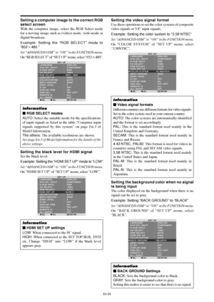 Page 26En-24
Setting the black level for HDMI signal
Set the black level.
Example: Setting the “HDMI SET UP” mode to “LOW”
Set “ADVANCED OSM” to “ON” in the FUNCTION menu.
On “HDMI SET UP” of “SET UP” menu, select “LOW”.
SEL. ADJ. RETURN
SET UP
LANGUAGE
DVD/HD1 INPUT
D-SUB INPUT
HD SELECT
RGB SELECT
HDMI SET UP
COLOR SYSTEM
BACK GROUND
GRAY LEVEL
S1/S2
DISPLAY OSM
OSM ADJ.
REMOTE ID 
ALL RESET:   ENGLISH
:   COMPONENT
:   RGB
:   1080I
:   AUTO
:   LOW
:   AUTO
:   GRAY
:   3
:   OFF
:   ON
:   TOP LEFT
:   ALL...