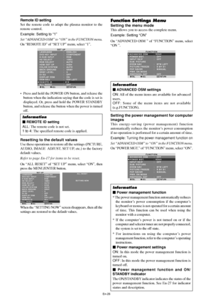 Page 28En-26
Resetting to the default values
Use these operations to restore all the settings (PICTURE,
AUDIO, IMAGE  ADJUST, SET UP, etc.) to the factory
default values.
Refer to page En-17 for items to be reset.
On “ALL RESET” of “SET UP” menu, select “ON”, then
press the MENU/ENTER button.
SEL. ADJ. RETURN
SET UP
LANGUAGE
DVD/HD1 INPUT
D-SUB INPUT
HD SELECT
RGB SELECT
HDMI SET UP
COLOR SYSTEM
BACK GROUND
GRAY LEVEL
S1/S2
DISPLAY OSM
OSM ADJ.
REMOTE ID 
ALL RESET:   ENGLISH
:   COMPONENT
:   RGB
:   1080I
:...