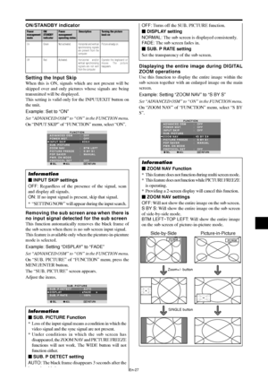 Page 29En-27
Setting the Input Skip
When this is ON, signals which are not present will be
skipped over and only pictures whose signals are being
transmitted will be displayed.
This setting is valid only for the INPUT/EXIT button on
the unit.
Example: Set to “ON”
Set “ADVANCED OSM” to “ON” in the FUNCTION menu.
On “INPUT SKIP” of “FUNCTION” menu, select “ON”.
SEL. ADJ. RETURNEXIT
FUNCTION
ADVANCED OSM
POWER MGT.
INPUT SKIP
SUB. PICTURE
ZOOM NAV
PICTURE FREEZE
PDP SAVER 
PWR. ON MODE
PROTOCOL SET:   OFF
:   OFF...