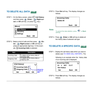 Page 40 
 
 
 
TO DELETE ALL DATA DT300 
 
STEP 1:  On the Menu screen, select 1 Call History 
and then press (Enter), (Right-cur- 
sor) or OK soft key. (or press 1 key.) 
 
[Menu] 
1 Call History 
 
 
 
 
STEP 3:  Press Del soft key. The display changes as 
follows: 
 
[Incoming Calls] 
Delete All 
 
Back OK 
 
Note: 
2 Directory 
3 Settings 
Back OK 
 
 
STEP 2:  Select a kind of calls and then press (En- 
ter), (Right-cursor) or OK soft key (or 
press an appropriate digit key). In this exam- 
ple, 1 Incoming...