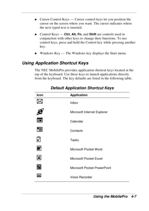 Page 79 
Using the MobilePro  4-7 
! Cursor Control Keys — Cursor control keys let you position the 
cursor on the screen where you want. The cursor indicates where 
the next typed text is inserted. 
! Control Keys — Ctrl, Alt, Fn, and Shift are controls used in 
conjunction with other keys to change their functions. To use 
control keys, press and hold the Control key while pressing another 
key. 
! Windows Key — The Windows key displays the Start menu. 
Using Application Shortcut Keys 
The NEC MobilePro...