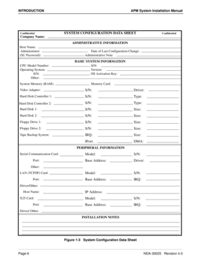 Page 12Page 6NDA-30025   Revision 4.0
INTRODUCTION APM System Installation Manual
Figure 1-3   System Configuration Data Sheet
ConfidentialSYSTEM CONFIGURATION DATA SHEETConfidential
Company Name: 
ADMINISTRATIVE INFORMATION
Host Name:
Administrator: Date of Last Configuration Change:
(SU Password): Administrative Note:
BASIC SYSTEM INFORMATION
CPU Model Number: S/N:
Operating System: Version:
S/N: OS Activation Key:
Other:
System Memory (RAM): Memory Card:
Vi d e o  A d a p t e r :
S/N: Driver:
Hard Disk...