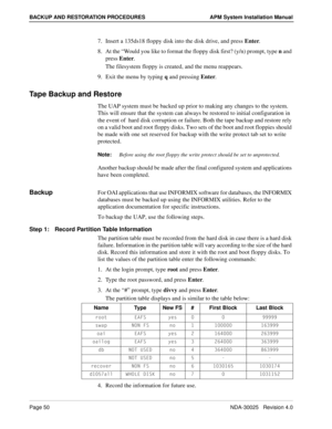 Page 56Page 50NDA-30025   Revision 4.0
BACKUP AND RESTORATION PROCEDURES APM System Installation Manual
7. Insert a 135ds18 floppy disk into the disk drive, and press Enter.
8. At the “Would you like to format the floppy disk first? (y/n) prompt, type n and 
press Enter.
The filesystem floppy is created, and the menu reappears.
9. Exit the menu by typing q and pressing Enter.
Tape Backup and Restore
The UAP system must be backed up prior to making any changes to the system. 
This will ensure that the system can...