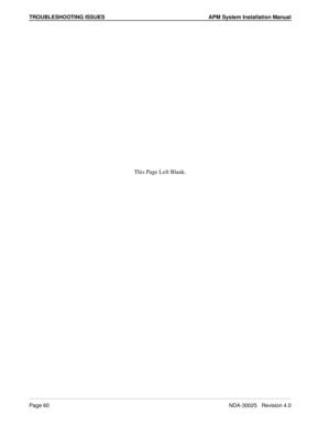 Page 66TROUBLESHOOTING ISSUES APM System Installation Manual
Page 60NDA-30025   Revision 4.0
This Page Left Blank. 