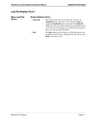 Page 119NDA-30122   Revision 1 Page 111
Attendant Console Statistics Operations Manual ADMINISTRATION MENU
Log File Display (Cont.)
Menu Log Files 
(Cont.)Screen Options (Cont.)
Autoscroll–The reflects real-time activity in the file when it is in 
AutoScroll mode. Press the ’A’ key and press Enter to 
toggle the AutoScroll option on and off. In Aut o S cro ll  
mode (shown by the notation A–S in the bottom right corner 
of the screen) new messages are scrolled onto the screen as 
they occur and are added to the...