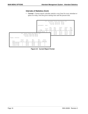 Page 26Page 18NDA-30058   Revision 2
MAIN MENU OPTIONS Attendant Management System - Attendant Statistics
Intervals of Statistics (Cont)
Current - Current reports calculate statistics every hour for every attendant or 
queue for today, from the given starting time until the present time.
Figure 3-5   Current Report Format
 1ddU^TQ^d CY^W\U 4Qi BU`_bd 
CdQbdY^W*  (!&)  (*  
5^TY^W*  (!&) !&*  
1ddU^TQ^d* :QS[
1fW 1fW D_dQ\ D_dQ\ =Y^
3Q\\c DQ\[ 9T\U DQ\[ 9T\U 9T\U
DY]U 1^c DY]U DY]U DY]U DY]U DY]U
 (*...