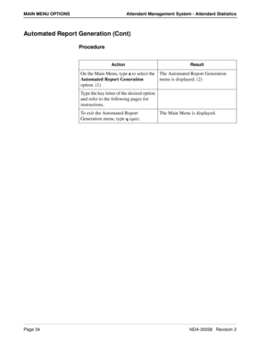 Page 42Page 34NDA-30058   Revision 2
MAIN MENU OPTIONS Attendant Management System - Attendant Statistics
Automated Report Generation (Cont)
Procedure
Action Result
On the Main Menu, type a to select the 
Automated Report Generation 
option. (1)The Automated Report Generation 
menu is displayed. (2)
Type the key letter of the desired option 
and refer to the following pages for 
instructions.
To exit the Automated Report 
Generation menu, type 
q
 (quit).
The Main Menu is displayed. 