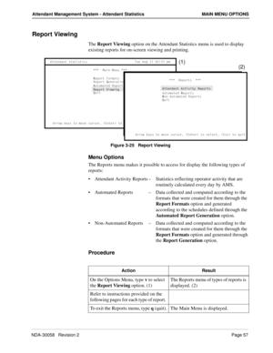 Page 65NDA-30058   Revision 2Page 57
Attendant Management System - Attendant Statistics MAIN MENU OPTIONS
Report Viewing
The Report Viewing option on the Attendant Statistics menu is used to display 
existing reports for on-screen viewing and printing.
Figure 3-25   Report Viewing
Menu Options
The Reports menu makes it possible to access for display the following types of 
reports:
Attendant Activity Reports–Statistics reflecting operator activity that are 
routinely calculated every day by AMS.
Automated...
