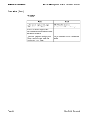 Page 74Page 66NDA-30058   Revision 2
ADMINISTRATION MENU Attendant Management System - Attendant Statistics
Overview (Cont)
Procedure
Action Result
At the system login prompt, type 
statsadm and press Enter.The Attendant Statistics 
Administration Menu is displayed. 
Refer to the following pages for 
information and instructions in the use 
of each menu option.
To exit the Statistics Administration 
Menu, type l  (Logout) inside the 
brackets and press Enter.The system login prompt is displayed 
again. 