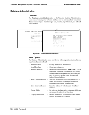 Page 75NDA-30058   Revision 2Page 67
Attendant Management System - Attendant Statistics ADMINISTRATION MENU
Database Administration
Overview
The Database Administration option on the Attendant Statistics Administration 
Menu is used to manage the Informix database used by Attendant Stats to maintain 
the call processing and attendant login data, statistics, report formats, and indexed 
time schedules.
Figure 4-2   Database Administration
Menu Options
The Database Administration menu provides the following...