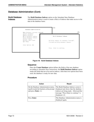 Page 80Page 72NDA-30058   Revision 2
ADMINISTRATION MENU Attendant Management System - Attendant Statistics
Database Administration (Cont)
Build Database 
IndexesThe Build Database Indexes option on the Attendant Stats Database 
Administration menu is used to create a file(s) of indexes that make access to the 
data in the database faster.
Figure 4-6   Build Database Indexes
Sequence
Once the Create Database option defines the fields of the new database 
according to Attendant Stats instructions, the Build...