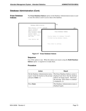 Page 81NDA-30058   Revision 2Page 73
Attendant Management System - Attendant Statistics ADMINISTRATION MENU
Database Administration (Cont)
Erase Database 
IndexesThe Erase Database Indexes option on the Database Administration menu is used 
to erase the indexes used to access data in the database.
Figure 4-7   Erase Database Indexes
Sequence
Use of this option is rare.  When the indexes are erased, using the Build Database 
Indexes option  is required to re-make them.
Procedure
4QdQRQcU 1T]Y^YcdbQdY_^
>Q]U...
