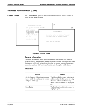 Page 82Page 74NDA-30058   Revision 2
ADMINISTRATION MENU Attendant Management System - Attendant Statistics
Database Administration (Cont)
Cluster TablesThe Cluster Tables option on the Database Administration menu is used to re-
order the data in the database.
Figure 4-8   Cluster Tables
General Information
Clustering the database tables speeds up database searches and data retrieval.  
However, it does  require a large amount of time to complete.  Attendant Stats locks 
the database  while it is being...