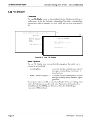 Page 84Page 76NDA-30058   Revision 2
ADMINISTRATION MENU Attendant Management System - Attendant Statistics
Log File Display
Overview
The Log File Display option on the Attendant Statistics Administration Menu is 
used to access the log files for display and printing of log entries.  Attendant Stats 
enters process and error messages to a menu log file and to a report generation log 
file.
Figure 4-10   Log File Display
Menu Options
The Log File Display menu provides the following options that enable you to...