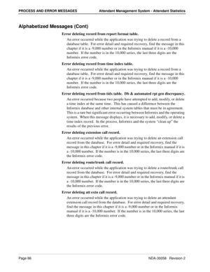 Page 94Page 86NDA-30058   Revision 2
PROCESS AND ERROR MESSAGES Attendant Management System - Attendant Statistics
Alphabetized Messages (Cont)
Error deleting record from report format table.
An error occurred while the application was trying to delete a record from a 
database table.  For error detail and required recovery, find the message in this 
chapter if it is a -9,000 number or in the Informix manual if it is a -10,000 
number.  If the number is in the 10,000 series, the last three digits are the...