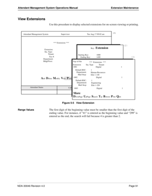 Page 105NDA-30046 Revision 4.0Page 91
Attendant Management System Operations Manual Extension Maintenance
View Extensions
Use this procedure to display selected extensions for on-screen viewing or printing.
Figure 5-5   View Extension
Range Values
The first digit of the beginning value must be smaller than the first digit of the 
ending value. For instance, if “41” is entered as the beginning value and “299” is 
entered as the end, the search will fail because 4 is greater than 2.
Calls Q’d    Attendant Status...