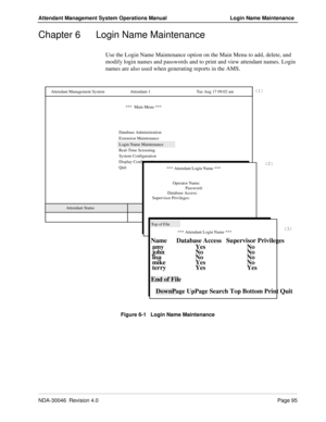 Page 109NDA-30046  Revision 4.0Page 95
Attendant Management System Operations Manual Login Name Maintenance
Chapter 6 Login Name Maintenance
Use the Login Name Maintenance option on the Main Menu to add, delete, and 
modify login names and passwords and to print and view attendant names. Login 
names are also used when generating reports in the AMS.
Figure 6-1   Login Name Maintenance
   Attendant Status Attendant Management System
Attendant-1 Tue Aug 17 09:02 am
***  Main Menu ***
Database Administration...