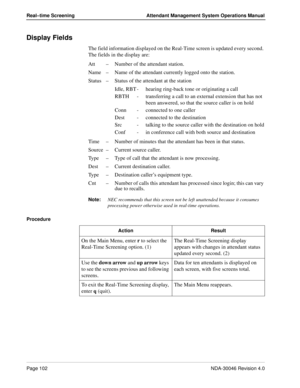 Page 116Page 102NDA-30046 Revision 4.0
Real–time Screening Attendant Management System Operations Manual
Display Fields
The field information displayed on the Real-Time screen is updated every second. 
The fields in the display are:
Att–Number of the attendant station.
Name–Name of the attendant currently logged onto the station.
Status–Status of the attendant at the station 
Idle, RBT - hearing ring-back tone or originating a call 
RBTH - transferring a call to an external extension that has not 
been answered,...