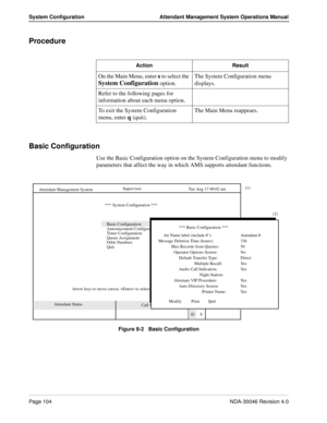 Page 118Page 104NDA-30046 Revision 4.0
System Configuration Attendant Management System Operations Manual
Procedure 
Basic Configuration
Use the Basic Configuration option on the System Configuration menu to modify 
parameters that affect the way in which AMS supports attendant functions.
Figure 8-2   Basic ConfigurationAction Result
On the Main Menu, enter s to select the 
System Configuration option.The System Configuration menu 
displays.
Refer to the following pages for 
information about each menu option....