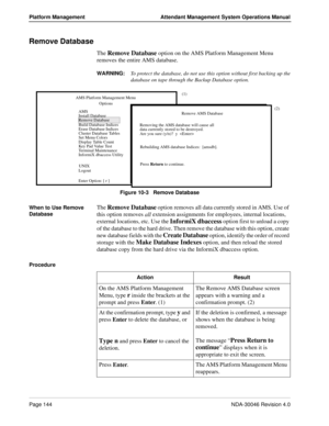 Page 156Page 144NDA-30046 Revision 4.0
Platform Management Attendant Management System Operations Manual
Remove Database
The Remove Database option on the AMS Platform Management Menu 
removes the entire AMS database.
WARNING:
To protect the database, do not use this option without first backing up the
database on tape through the Backup Database 
option.
Figure 10-3   Remove Database
When to Use Remove 
Database
The Remove Database option removes all data currently stored in AMS. Use of 
this option removes...