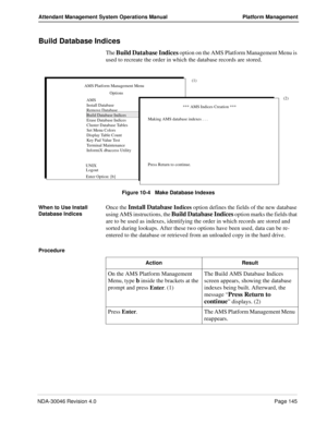 Page 157NDA-30046 Revision 4.0Page 145
Attendant Management System Operations Manual Platform Management
Build Database Indices
The Build Database Indices option on the AMS Platform Management Menu is 
used to recreate the order in which the database records are stored.
Figure 10-4   Make Database Indexes
When to Use Install 
Database Indices
Once the Install Database Indices option defines the fields of the new database 
using AMS instructions, the 
Build Database Indices option marks the fields that 
are to be...