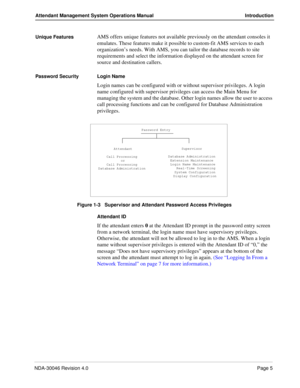 Page 19NDA-30046 Revision 4.0Page 5
Attendant Management System Operations Manual Introduction
Unique FeaturesAMS offers unique features not available previously on the attendant consoles it 
emulates. These features make it possible to custom-fit AMS services to each 
organization’s needs. With AMS, you can tailor the database records to site 
requirements and select the information displayed on the attendant screen for 
source and destination callers.
Password Security Login Name
Login names can be configured...