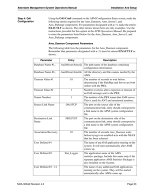 Page 37NDA-30046 Revision 4.0Page 23
Attendant Management System Operations Manual Installation And Setup
Step 4: OAI 
ConfigurationUsing the OAI-Conf command on the APM Configuration Entry screen, make the 
following entries required for the Ams_Daemon, Ams_Server1, and 
Ams_Parkmgr components. For parameters designated with a (†), make the entries 
EXACTLY as shown. The other entries shown here are only examples. Use the 
instructions provided for this option in the APM Operations Manual. Be prepared 
to...