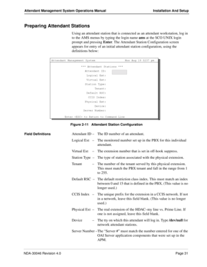 Page 45NDA-30046 Revision 4.0Page 31
Attendant Management System Operations Manual Installation And Setup
Preparing Attendant Stations
Using an attendant station that is connected as an attendant workstation, log in 
to the AMS menus by typing the login name ams at the SCO UNIX login 
prompt and pressing Enter. The Attendant Station Configuration screen 
appears for entry of an initial attendant station configuration, using the 
definitions below:
Figure 2-11   Attendant Station Configuration
Field Definitions...