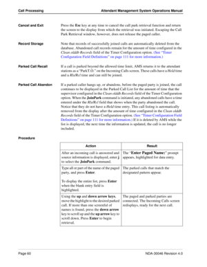 Page 74Page 60NDA-30046 Revision 4.0
Call Processing Attendant Management System Operations Manual
Cancel and ExitPress the Esc key at any time to cancel the call park retrieval function and return 
the screen to the display from which the retrieval was initiated. Escaping the Call 
Park Retrieval window, however, does not release the paged caller.
Record StorageNote that records of successfully joined calls are automatically deleted from the 
database. Abandoned call records remain for the amount of time...