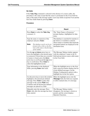 Page 80Page 66NDA-30046 Revision 4.0
Call Processing Attendant Management System Operations Manual
No Caller 
If the Take_Msg command is selected in the absence of a source caller, the 
procedure is the same except that the cursor is positioned on the From field for 
entry of the name of the message sender. Leave any fields except the From and the 
first Note fields blank by pressing Enter.
Procedure 
 
Action Result
Press Enter to select the Ta k e_Msg
 
command. (2)The “Enter Name or Extension:” 
prompt...