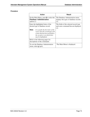 Page 89NDA-30046 Revision 4.0Page 75
Attendant Management System Operations Manual Database Administration
Procedure 
Action Result
On the Main Menu, enter d to select the 
Database Administration 
option.(1)The Database Administration menu 
displays the types of database records. 
(2)
Enter the highlighted letter of the 
desired type of database record.
Note:
It is usually the first letter of the 
word; when the word begins with 
a letter that has been used before, 
the second or even third letter 
may be...