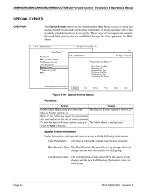 Page 104Page 94NDA-30030-003   Revision 3
ADMINISTRATOR MAIN MENU INTRODUCTION Call Forward Control - Installation & Operations Manual
SPECIAL EVENTS
OVERVIEWThe Special Events option on the Administrator Main Menu is used to set up and 
manage Hard Forward and Call Routing on holidays or during special events when 
regularly scheduled patterns do not apply. These “special” arrangements override 
the usual daily patterns that are established through the other options on the Main 
Menu.
Figure 3-49   Special...