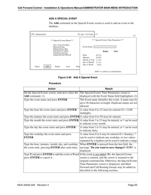 Page 105NDA-30030-003   Revision 3Page 95
Call Forward Control - Installation & Operations Manual ADMINISTRATOR MAIN MENU INTRODUCTION
ADD A SPECIAL EVENT
The Add command on the Special Events screen is used to add an event to the 
database.
Figure 3-50   Add A Special Event
Procedure
***Special Events Menu***
CFC Administrator                                                                Fri Apr 1 16:10 pm
Select            Add            Delete            View            Print            Quit(1)
New Years...