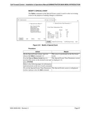 Page 107NDA-30030-003   Revision 3Page 97
Call Forward Control - Installation & Operations Manual ADMINISTRATOR MAIN MENU INTRODUCTION
MODIFY A SPECIAL EVENT
The Select command on the Special Events screen is used to select an existing 
event for the purpose of making changes to definition 
Figure 3-51   Modify A Special Event
Procedure 
***Special Events Menu***
CFC Administrator                                                                Fri Apr 1 16:10 pm
Select            Add            Delete...