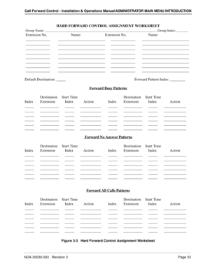 Page 43NDA-30030-003   Revision 3Page 33
Call Forward Control - Installation & Operations Manual ADMINISTRATOR MAIN MENU INTRODUCTION
HARD FORWARD CONTROL ASSIGNMENT WORKSHEET
 Group Name: __________________________________________________________________________________Group Index:_________
 Extension No. Name: Extension No. Name:
 _____________       _________________________      _____________       _________________________
 _____________       _________________________      _____________...