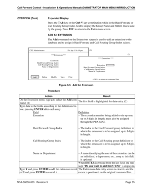 Page 45NDA-30030-003   Revision 3Page 35
Call Forward Control - Installation & Operations Manual ADMINISTRATOR MAIN MENU INTRODUCTION
OVERVIEW (Cont) Expanded Display
Press the TAB key or the Ctrl-V key combination while in the Hard Forward or 
Call Routing Group Index field to display the Group Name and Pattern Index used 
by the group. Press ESC to return to the Extensions screen.
ADD AN EXTENSION
The Add command on the Extensions screen is used to add an extension to the 
database and to assign it Hard...