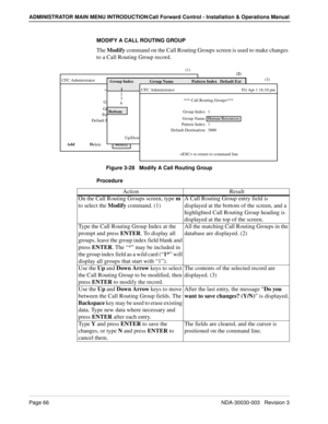 Page 76Page 66NDA-30030-003   Revision 3
ADMINISTRATOR MAIN MENU INTRODUCTION Call Forward Control - Installation & Operations Manual
MODIFY A CALL ROUTING GROUP
The Modify command on the Call Routing Groups screen is used to make changes 
to a Call Routing Group record.
Figure 3-28   Modify A Call Routing Group
Procedure
  Add  
            D
elete             M
odify             V
iew             P
rint           Q
uit CFC Administrator                                                               Fri Apr 1...