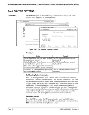 Page 80Page 70NDA-30030-003   Revision 3
ADMINISTRATOR MAIN MENU INTRODUCTION Call Forward Control - Installation & Operations Manual
CALL ROUTING PATTERNS
OVERVIEWThe Patterns option on the Call Routing Control Menu is used to add, delete, 
modify, view, and print Call Routing Patterns.
Figure 3-31   Call Routing Patterns Option
Procedure
Call Routing Pattern Information
Each Call Routing Pattern is given a Pattern Index and two lists of Destination 
Index values. One list is used for Internal Calls, the other...