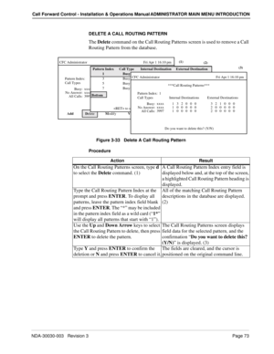 Page 83NDA-30030-003   Revision 3Page 73
Call Forward Control - Installation & Operations Manual ADMINISTRATOR MAIN MENU INTRODUCTION
DELETE A CALL ROUTING PATTERN
The Delete command on the Call Routing Patterns screen is used to remove a Call 
Routing Pattern from the database.
Figure 3-33   Delete A Call Routing Pattern
Procedure
  Add  
           D
elete            M
odify             V
iew            P
rint          Q
uit CFC Administrator                                                               Fri...