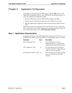 Page 9NDA-30013   Revision 6.0Page 9
Code Master Installation Guide Application Configuration
Chapter 2 Application Configuration
Code Master is configured into the APM system using the Add function of the 
Application Configuration option on the APM System Administration menu. To 
access the Application Configuration option:
1. Enter the APM option from the APM Platform Management Menu.
2. Enter the System Administrator password at the APM password screen.
3. Enter the Application Configuration option from...