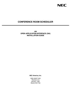 Page 1CONFERENCE ROOM SCHEDULER
AN
OPEN APPLICATION INTERFACE (OAI)
INSTALLATION GUIDE
NEC America, Inc.
NDA-30007-003
Revision 3.0
January, 1997
Stock # 241732 
