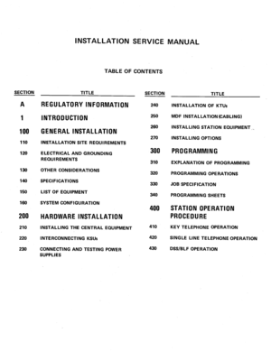 Page 2INSTALLATION SERVICE MANUAL 
SECTION 
A 
TITLE 
REGULATORY INFORMATION 
1 INTRODUCTION 
100 
110 
120 
GENERAL INSTALLATION 
INSTALLATION SITE REQUIREMENTS 
ELECTRICAL AND GROUNDING 
REQUIREMENTS 
136 
140 
150 
160 OTHER CONSIDERATIONS 
SPECIFICATIONS 
LIST OF EQUIPMENT 
SYSTEM CONFIGURATION 
200 
210 
220 
230 
HARDWARE INSTALLATION 
INSTALLING THE CENTRAL EQUIPMENT 
INTERCONNECTING KSUs 
CONNECTING AND TESTING POWER 
SUPPLIES 
TABLE OF CONTENTS 
SECTION 
240 
250 
260 
270 
300 
310 
320 
330 
340...