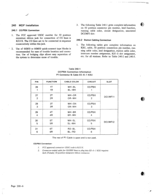 Page 17- - ___-___-_ 
-. k&+. 
240 MDF Installation 
240.1 CO/PBX Connection 
3. The following Table 240-1 gives complete information 
on 50 position connector pin number, lead function, 
running cable color, circuit designation, associated 
1. 
+ 2. 
The FCC approved USOC number for 50 position 
miniature ribbon jack for connection of CO lines is 
IU21X. The CO lines are to be connected in sequence 
consecutively within this jack. 
Use of 66BSO or 66M50 quick-connect type blocks is 
recommended for ease of...