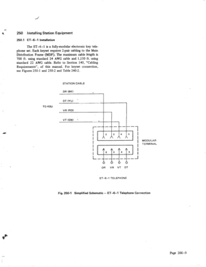 Page 20250 IrkaIling Station Equipment 
250.1 ET-6-l installation 
The ET-6-l is a fully-modular electronic key tele- 
phone set. Each keyset requires 2pair cabling to the Main 
Distribution Frame (MDF). The maximum cable length is 
700 ft. using standard 24 AWG cable and 1,150 ft. using 
standard 22 AWG cable. Refer to Section 140, “Cabling 
Requirements”, of this manual. For keyset connection, 
see Figures 250-I and 2.50-2 and Table 240-2. 
STATION CABLE 
TO KSU 
a 
DR (BK) 
VR FIDI 
VT (GN) ’ _ 
J 
DR VR VT...