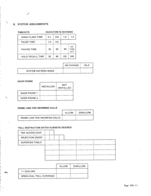 Page 38SYSTEM ASSIGNMENTS 
TIMEOUTS DURATION IN SECONDS 
HOOK FLASH TIME 
0.4 0.6 
1.0 1.5 
PAUSE TIME 
1.0 3.5 
NO PAGING TIME 
30 60 
90 TIME 
OUT 
HOLD RECALL TIME 
30 60 
120 24Q 
I 
NO CHANGE 
lDLE 1 
I SYSTEM REFRESH BASIS I I I I I I 
I 
DOOR PHONE 
I 
I 
1 
INSTALLED NOT 
INSTALLED 
1 DOORPHONE 1 j 
1 DOOR PHONE2 1 
I 
I 
PRIME LINE FOR INCOMlNG CALLS 
ALLOW DISALLOW 
PRIME LINE FOR INCOMING CALLS 
TOLL RESTRICTiON ENTER NUMBERS DESIRED 
1 PBX ACCESSCODE / / 1 
1 REJECTION CODES / 
I I I I 
1...